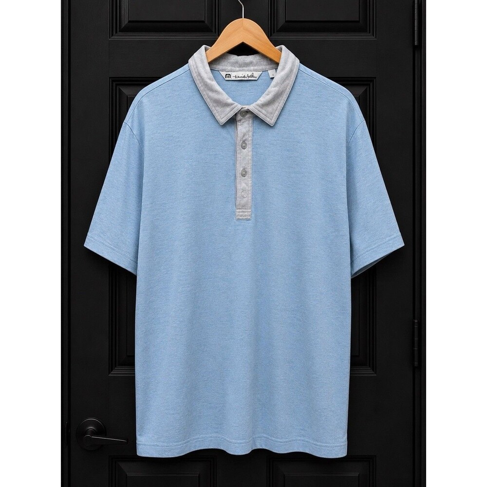 TravisMathew Men’s XXL Blue Polo Shirt Gray Collar Solid Logo Pima Cotton